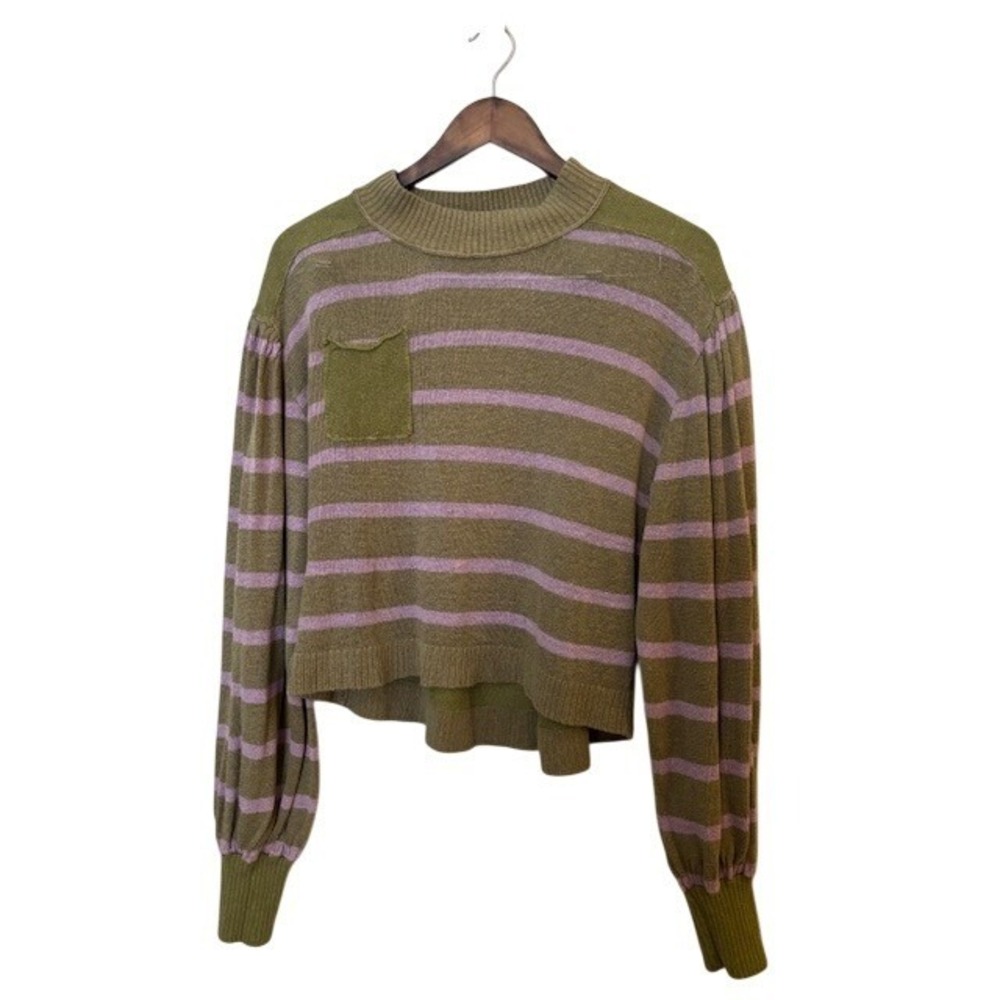 Free People Striped Puff Sleeve Between The Lines Sweater Green Women's M